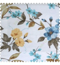 Blue white brown orange color natural flower long leaf elegant look mike flower daisy flower buds big leaf and small leaf pattern poly fabric main curtain